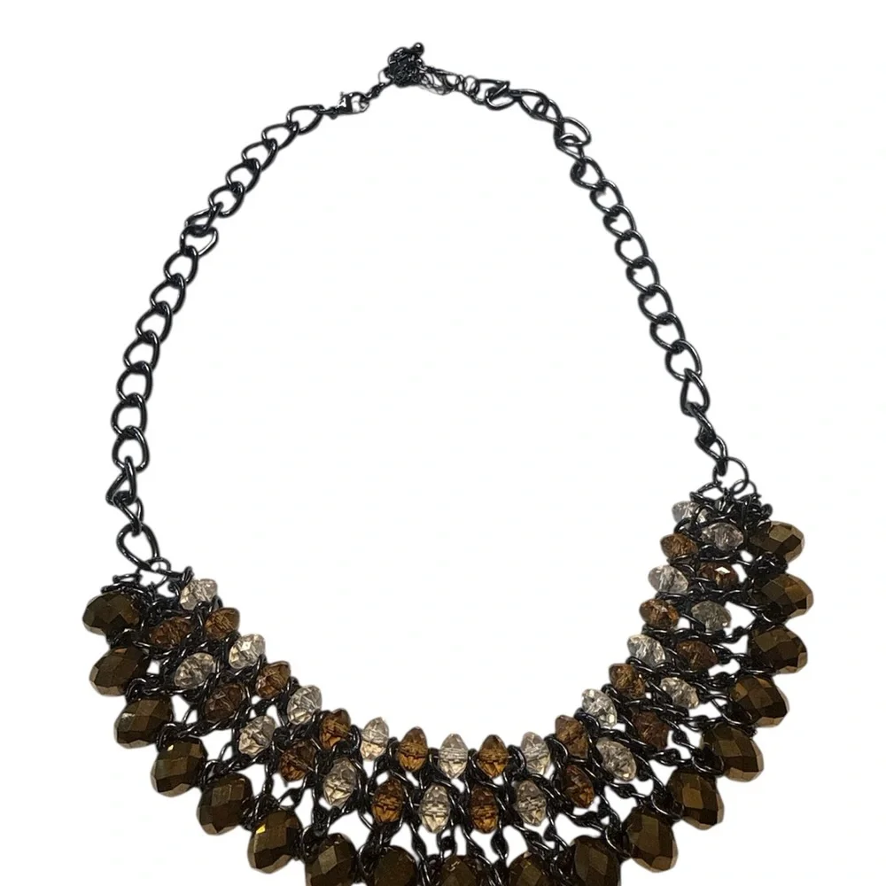Brown & Smoke Crystal Statement Necklace | Black Chain Bib - Picture 4 of 5